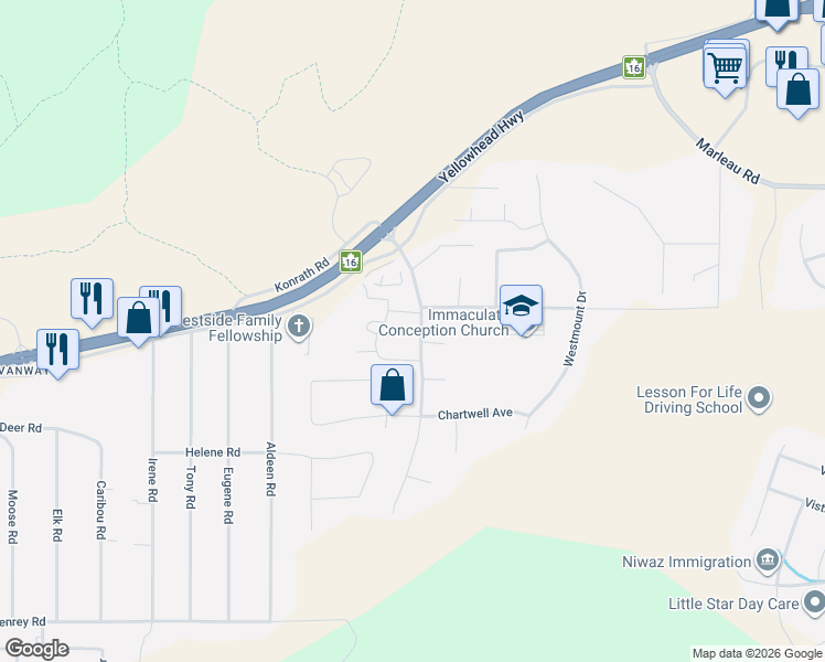 map of restaurants, bars, coffee shops, grocery stores, and more near 6857 Westgate Avenue in Prince George