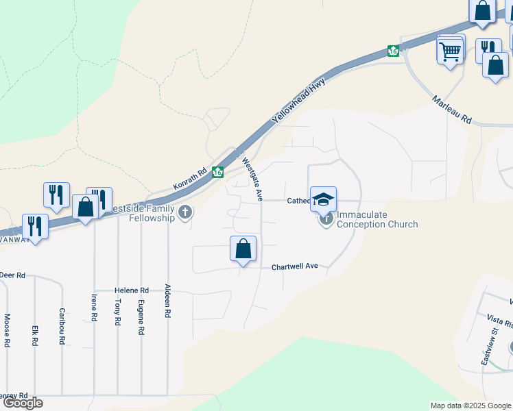 map of restaurants, bars, coffee shops, grocery stores, and more near 6807 Westgate Avenue in Prince George