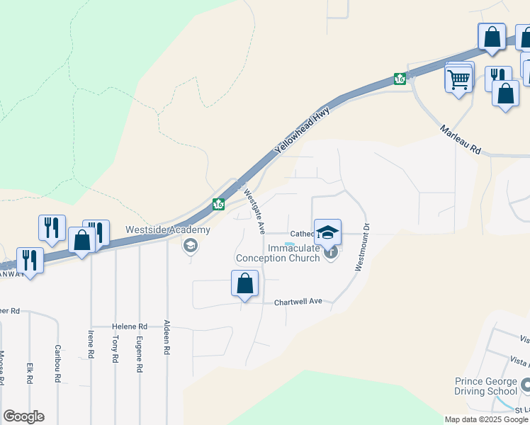 map of restaurants, bars, coffee shops, grocery stores, and more near 6798 Westgate Avenue in Prince George