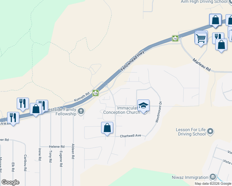map of restaurants, bars, coffee shops, grocery stores, and more near 6798 Westgate Avenue in Prince George