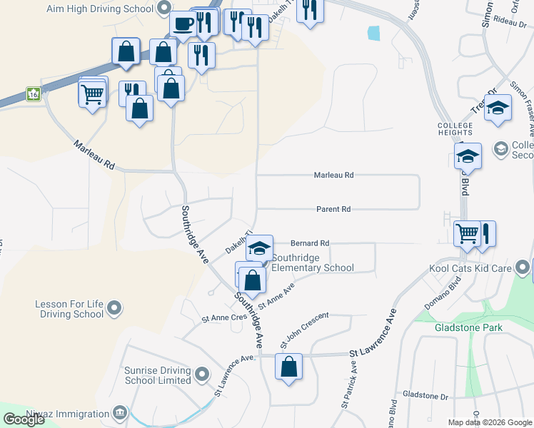 map of restaurants, bars, coffee shops, grocery stores, and more near 3005 Parent Road in Prince George