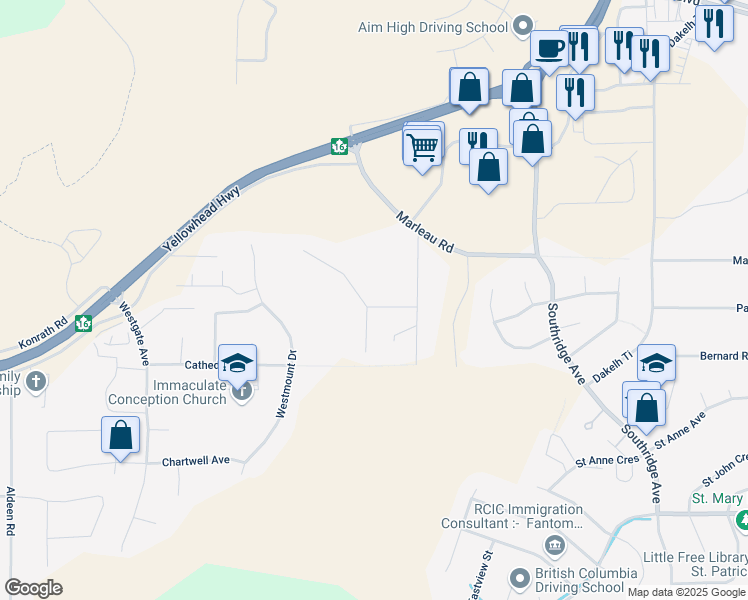 map of restaurants, bars, coffee shops, grocery stores, and more near 3821 Hillcrest Road in Prince George