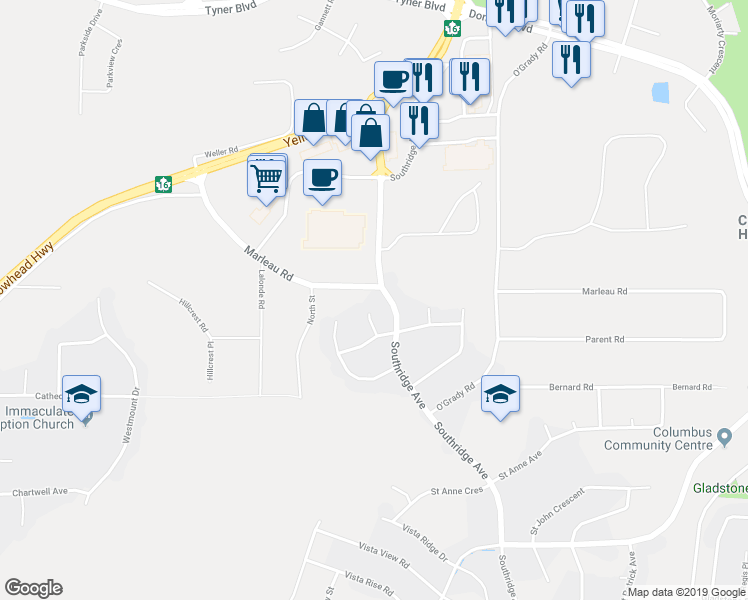 map of restaurants, bars, coffee shops, grocery stores, and more near 6896 Saint Frances Place in Prince George