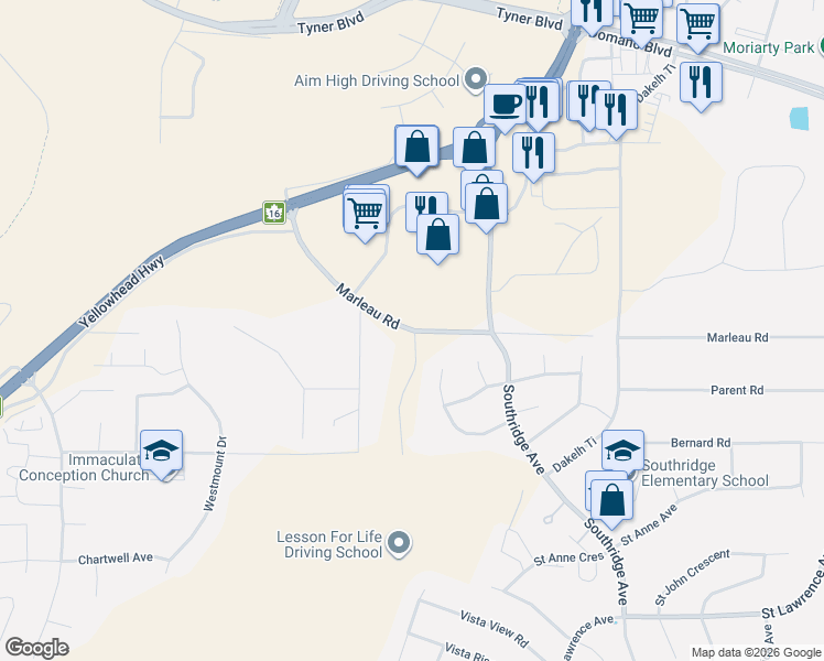 map of restaurants, bars, coffee shops, grocery stores, and more near 5223 Marleau Road in Prince George