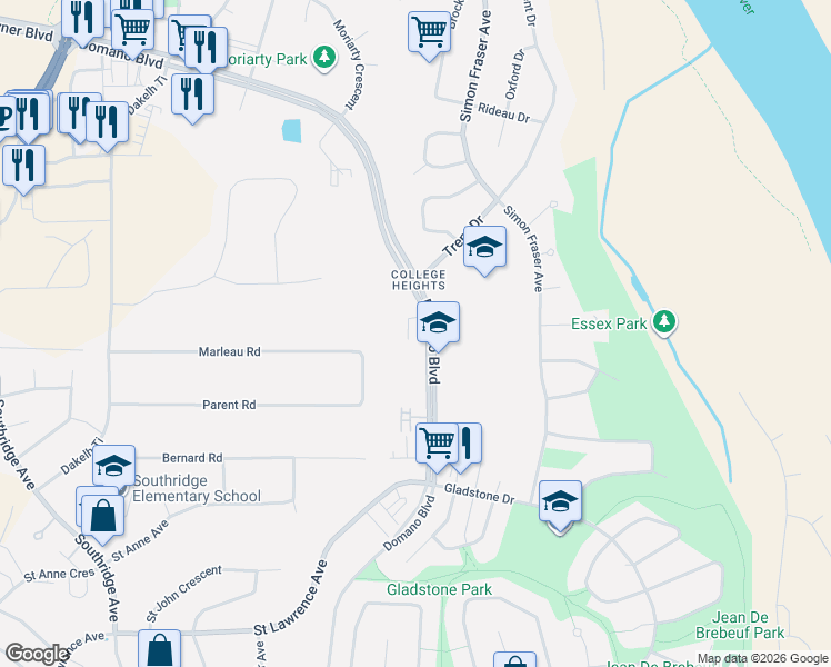 map of restaurants, bars, coffee shops, grocery stores, and more near 6525 Domano Boulevard in Prince George