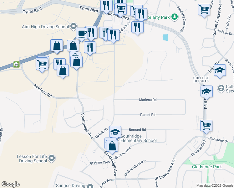 map of restaurants, bars, coffee shops, grocery stores, and more near 6658 O'Grady Road in Prince George