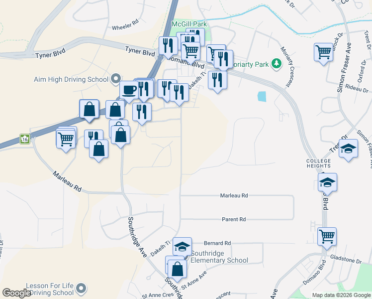 map of restaurants, bars, coffee shops, grocery stores, and more near 6100 Dakelh Ti in Prince George