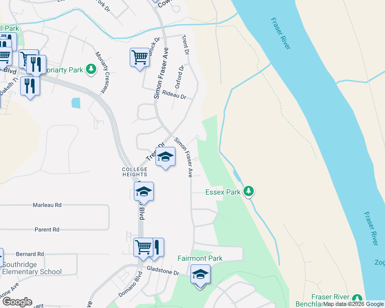 map of restaurants, bars, coffee shops, grocery stores, and more near 6240 Simon Fraser Avenue in Prince George