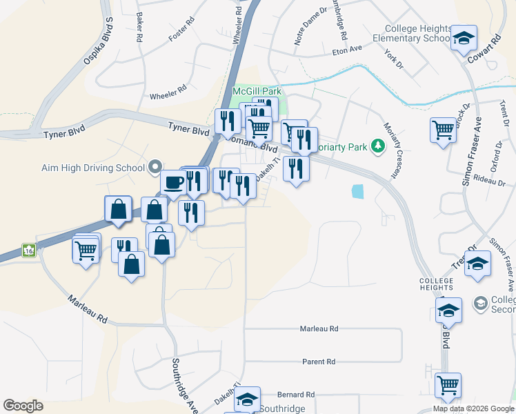 map of restaurants, bars, coffee shops, grocery stores, and more near Stringer Crescent in Prince George