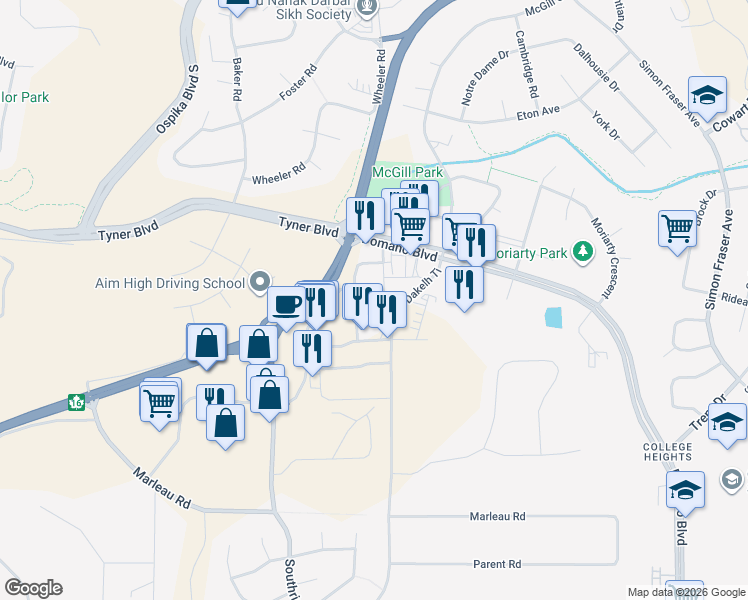 map of restaurants, bars, coffee shops, grocery stores, and more near in Prince George