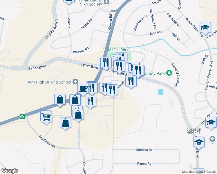 map of restaurants, bars, coffee shops, grocery stores, and more near in Prince George