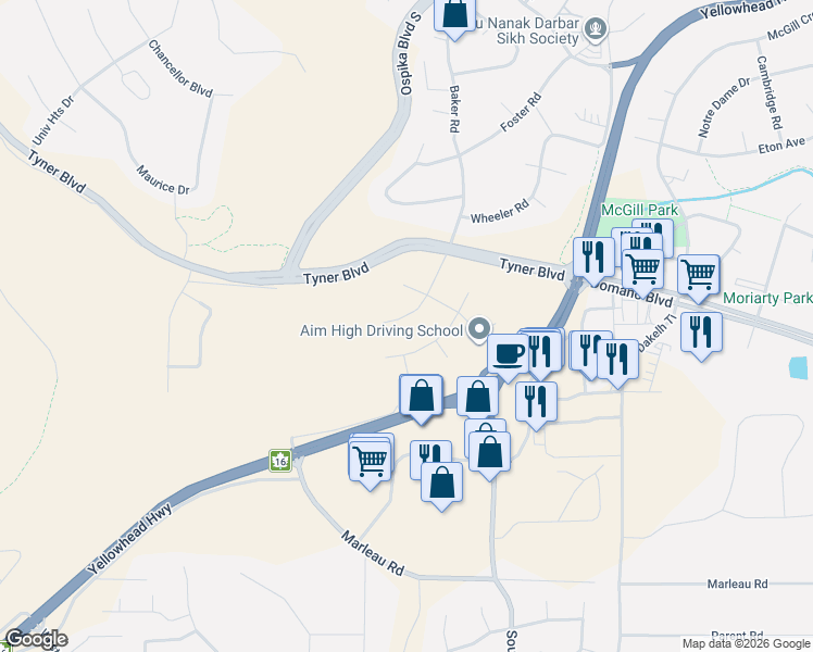 map of restaurants, bars, coffee shops, grocery stores, and more near 4873 Gannett Road in Prince George