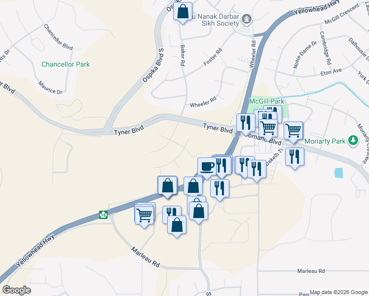 map of restaurants, bars, coffee shops, grocery stores, and more near Orizaba Crescent in Prince George