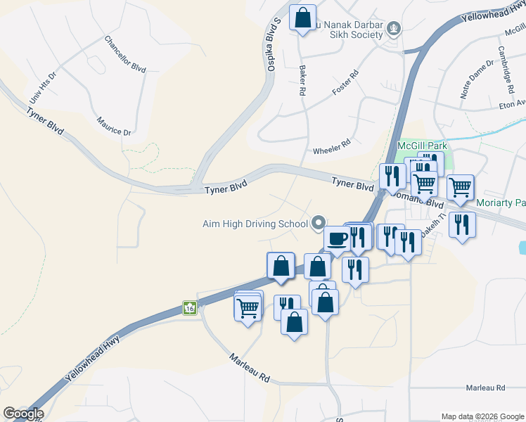 map of restaurants, bars, coffee shops, grocery stores, and more near 4854 Gannett Road in Prince George