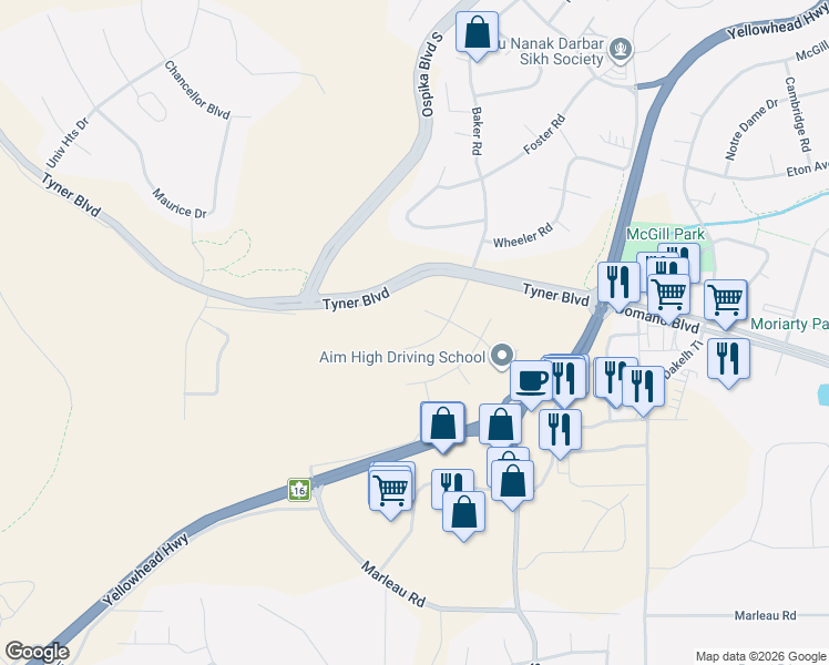 map of restaurants, bars, coffee shops, grocery stores, and more near 4806 Gannett Road in Prince George