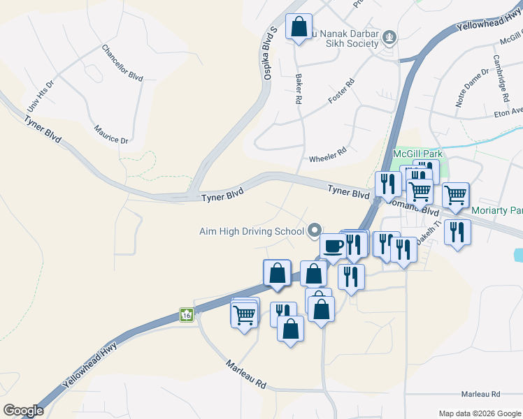map of restaurants, bars, coffee shops, grocery stores, and more near 4854 Gannett Road in Prince George