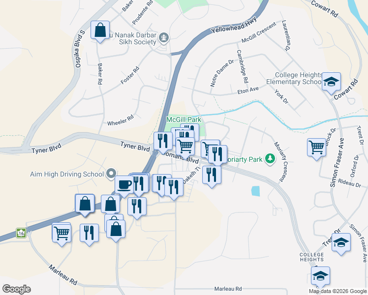 map of restaurants, bars, coffee shops, grocery stores, and more near 5063 Domano Boulevard in Prince George
