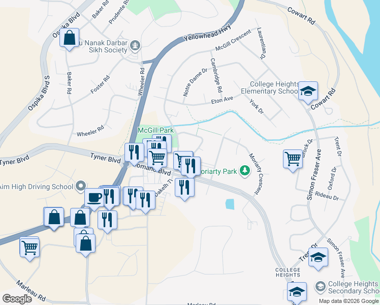 map of restaurants, bars, coffee shops, grocery stores, and more near 3245 Monahan Crescent in Prince George