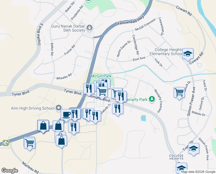 map of restaurants, bars, coffee shops, grocery stores, and more near 3233 McGill Crescent in Prince George