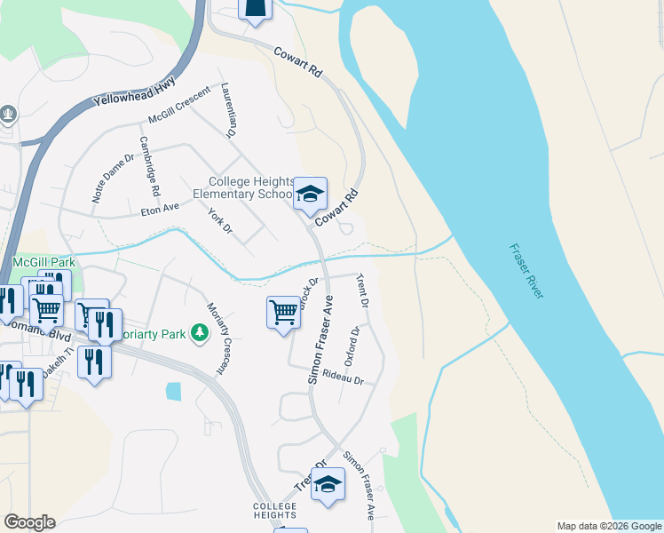 map of restaurants, bars, coffee shops, grocery stores, and more near 5590 Simon Fraser Avenue in CPG