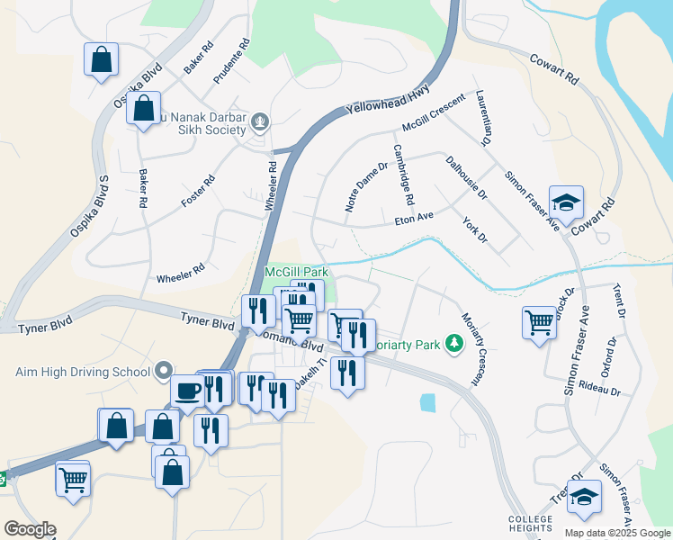 map of restaurants, bars, coffee shops, grocery stores, and more near 3100 Monahan Crescent in Prince George