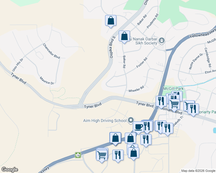 map of restaurants, bars, coffee shops, grocery stores, and more near 2955 Sullivan Crescent in Prince George