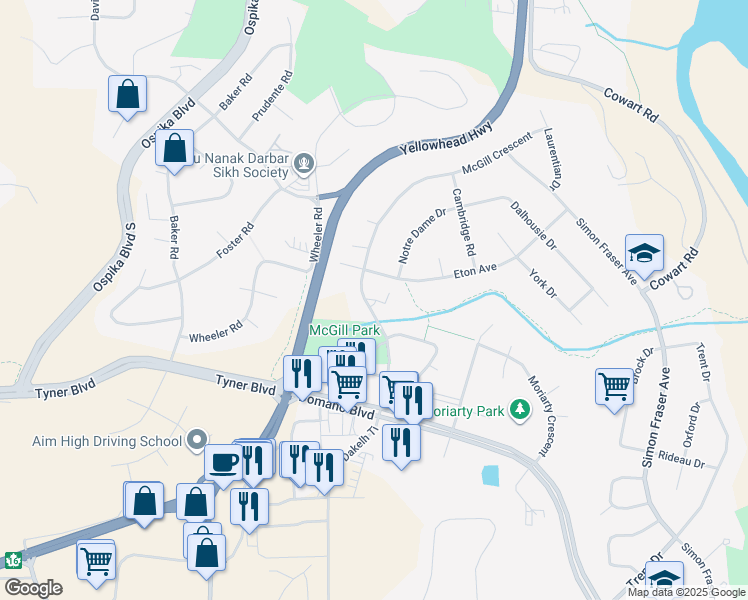 map of restaurants, bars, coffee shops, grocery stores, and more near 3100 Monahan Crescent in Prince George