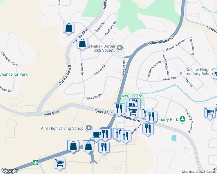 map of restaurants, bars, coffee shops, grocery stores, and more near 2685 Wheeler Place in Prince George
