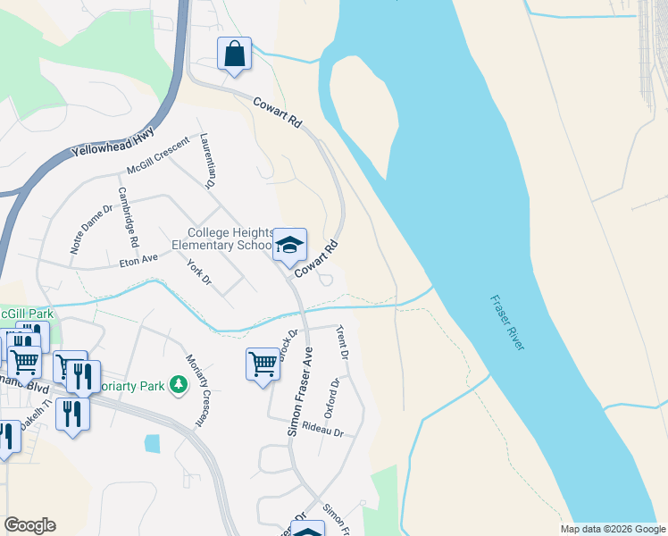 map of restaurants, bars, coffee shops, grocery stores, and more near 4450 Cowart Road in Prince George