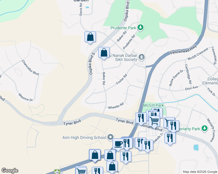 map of restaurants, bars, coffee shops, grocery stores, and more near 4396 Foster Road in Prince George