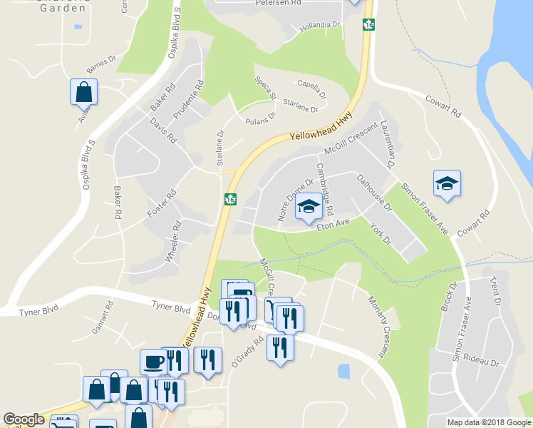 map of restaurants, bars, coffee shops, grocery stores, and more near 2977 McGill Crescent in Prince George