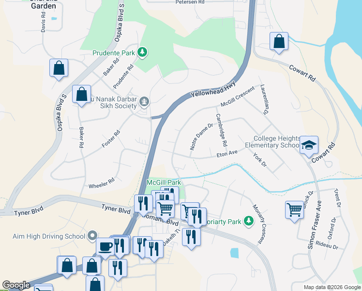 map of restaurants, bars, coffee shops, grocery stores, and more near 2977 McGill Crescent in Prince George