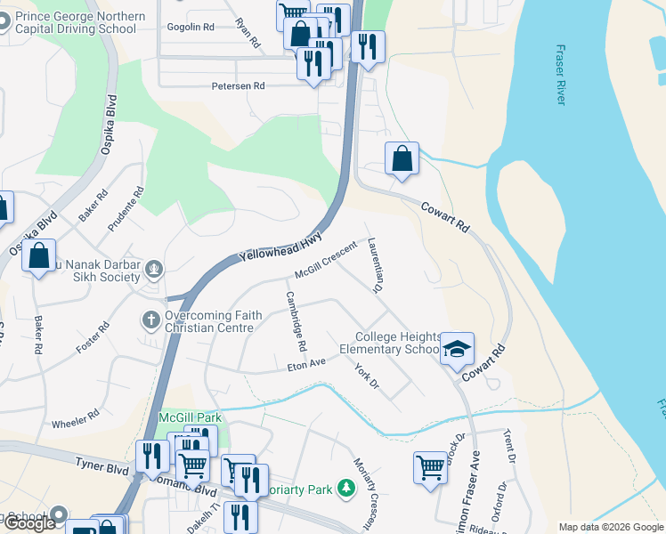 map of restaurants, bars, coffee shops, grocery stores, and more near 5005 Simon Fraser Avenue in Prince George