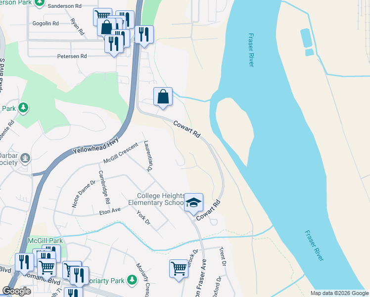 map of restaurants, bars, coffee shops, grocery stores, and more near 4241 Cowart Road in Prince George