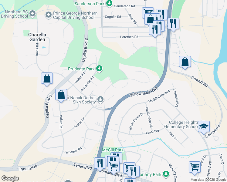 map of restaurants, bars, coffee shops, grocery stores, and more near 2765 Polaris Road in Prince George