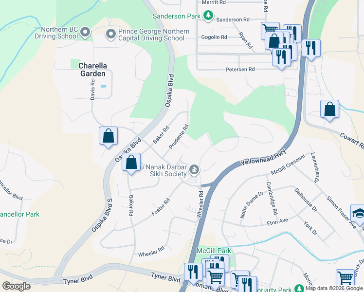 map of restaurants, bars, coffee shops, grocery stores, and more near 2811 Gangi Court in Prince George