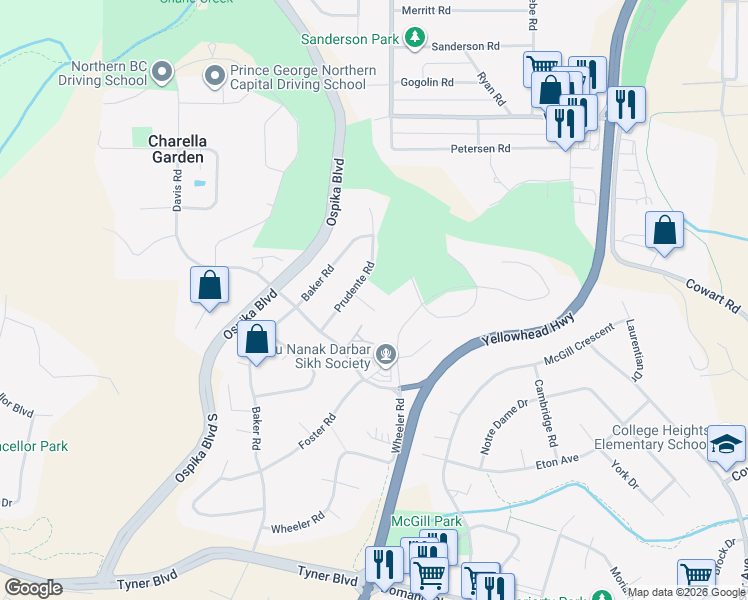map of restaurants, bars, coffee shops, grocery stores, and more near 2824 Gangi Court in Prince George