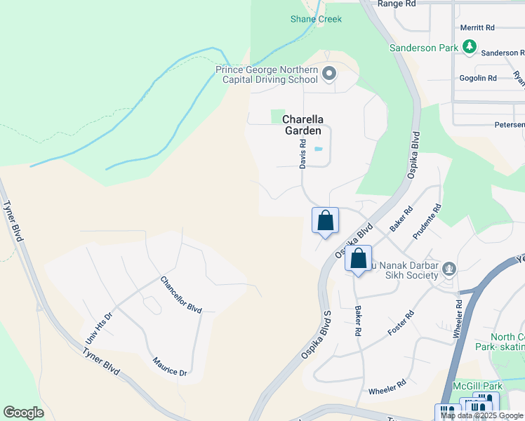 map of restaurants, bars, coffee shops, grocery stores, and more near 3057 Bona Dea Drive in Prince George