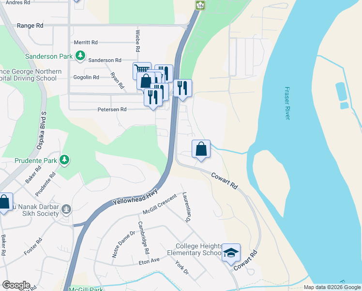 map of restaurants, bars, coffee shops, grocery stores, and more near 4174 Cowart Road in Prince George