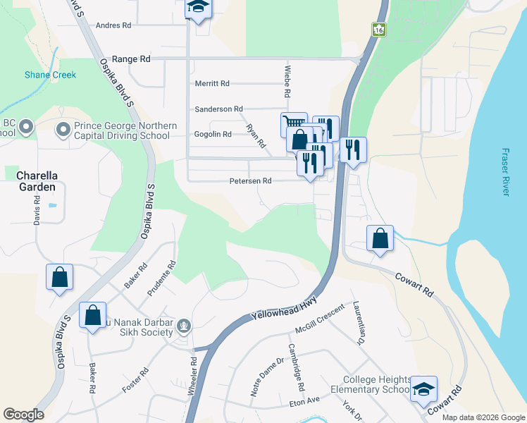 map of restaurants, bars, coffee shops, grocery stores, and more near 4151 Hollandia Place in Prince George