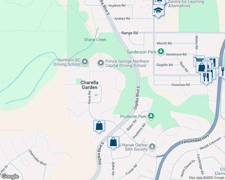 map of restaurants, bars, coffee shops, grocery stores, and more near 4075 Cormack Crescent in Prince George