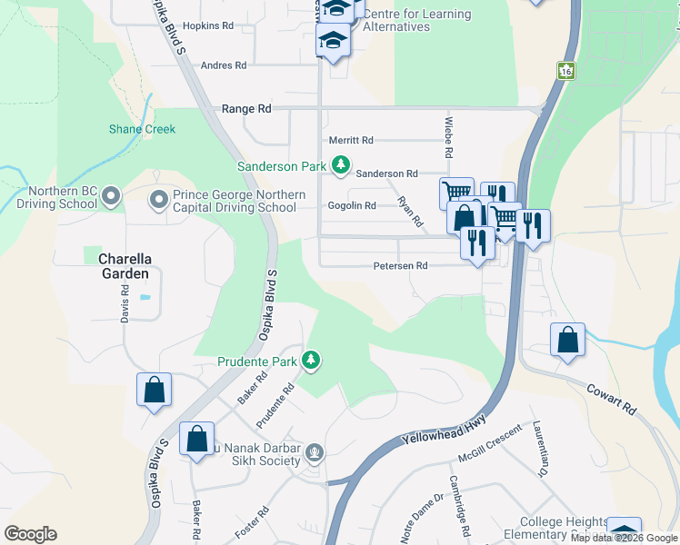 map of restaurants, bars, coffee shops, grocery stores, and more near 2761 Petersen Road in Prince George