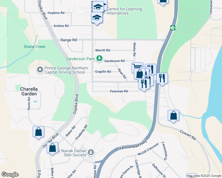 map of restaurants, bars, coffee shops, grocery stores, and more near 2724 Petersen Road in Prince George