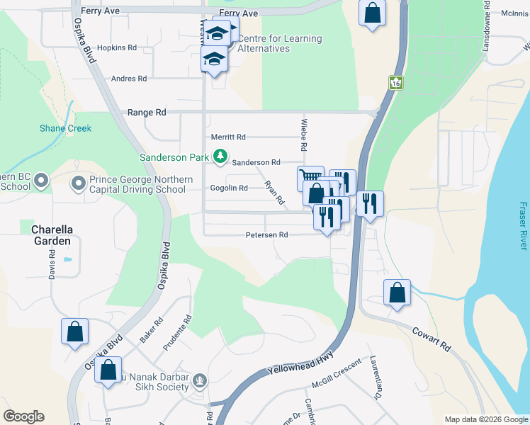 map of restaurants, bars, coffee shops, grocery stores, and more near Vance Road in Prince George