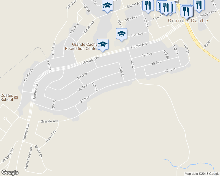 map of restaurants, bars, coffee shops, grocery stores, and more near 31 97 Avenue in Grande Cache