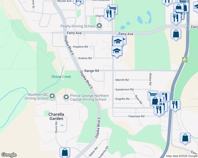 map of restaurants, bars, coffee shops, grocery stores, and more near 3622 Romanin Crescent in Prince George