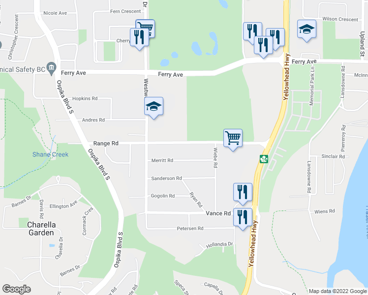 map of restaurants, bars, coffee shops, grocery stores, and more near 2725 Range Road in Prince George