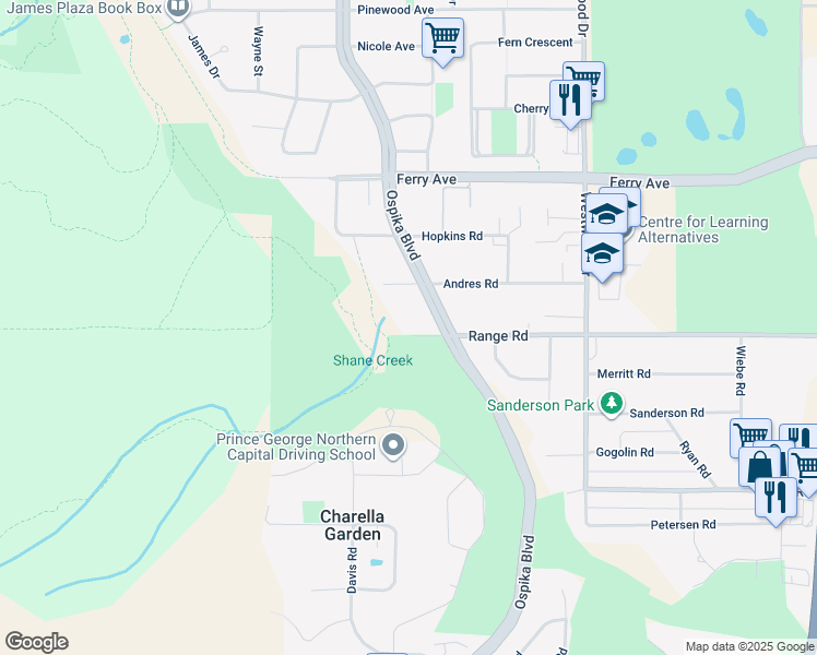 map of restaurants, bars, coffee shops, grocery stores, and more near 2968 Range Road in Prince George