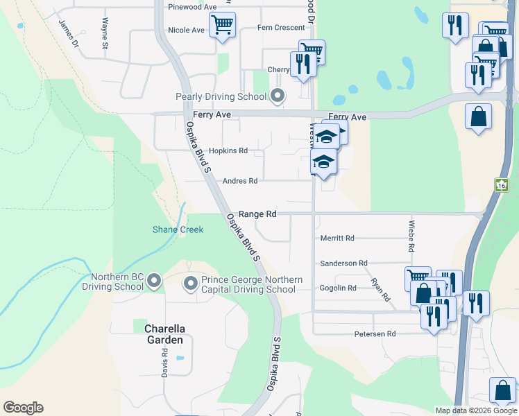 map of restaurants, bars, coffee shops, grocery stores, and more near 2862 Range Road in Prince George