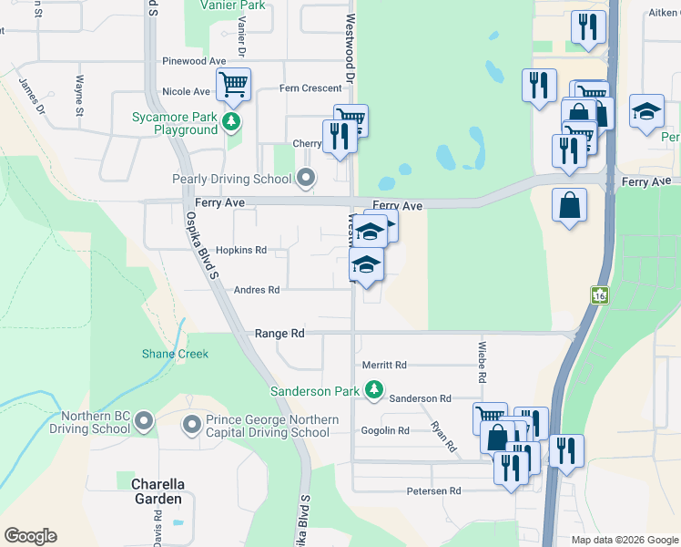 map of restaurants, bars, coffee shops, grocery stores, and more near 3363 Westwood Drive in Prince George